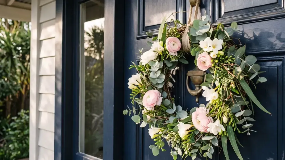 Floral wreath with pink roses and greenery hanging on a dark blue front door
