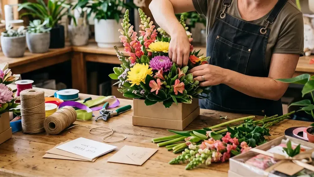 Florist arranging a colorful bouquet on a wooden worktable with ribbons, scissors, and flowers around it