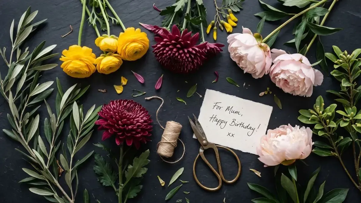 Assorted flowers, string, scissors, and a note arranged on a dark background