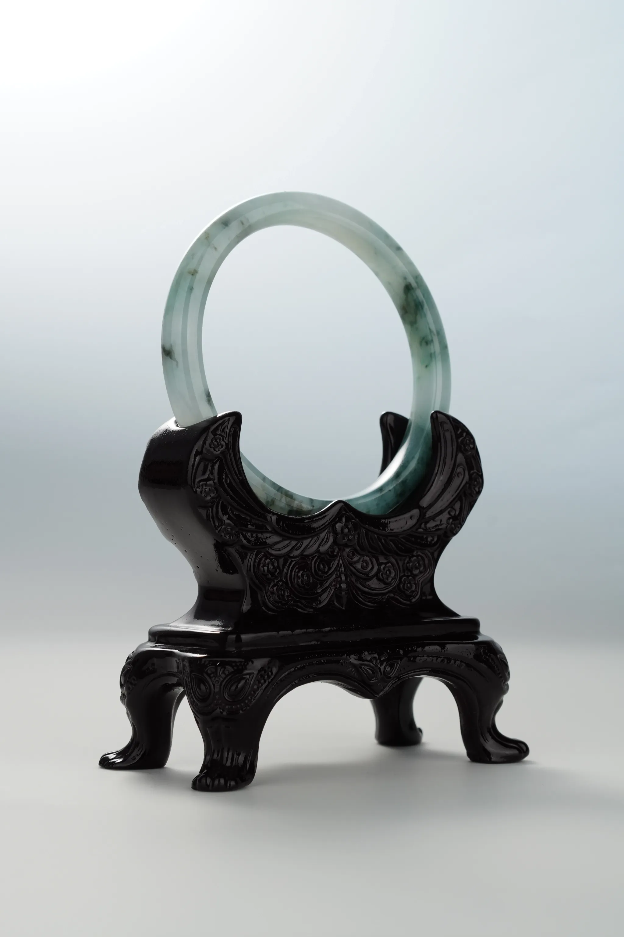 Icy Ink & Bluish Green Flower Jadeite Bangle