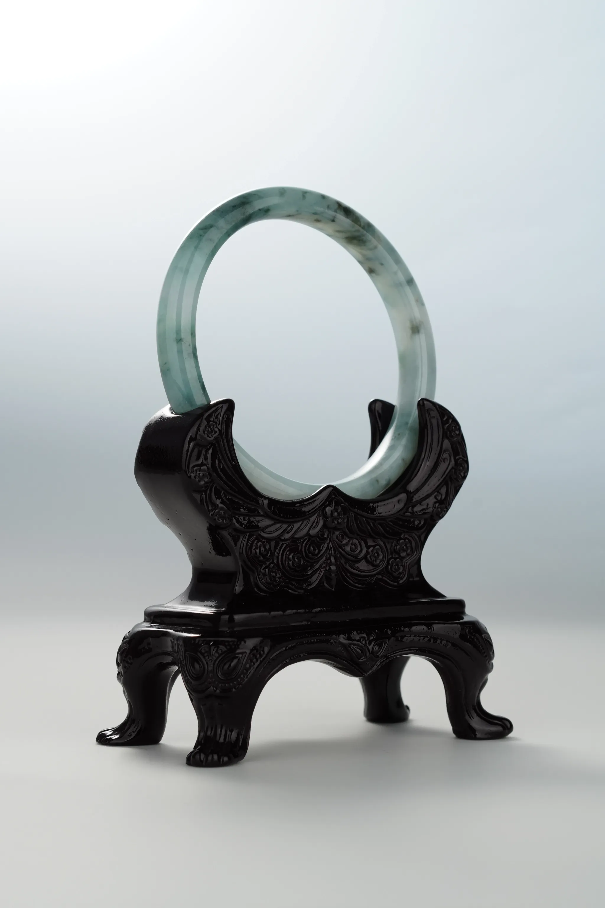 Icy Ink & Bluish Green Flower Jadeite Bangle