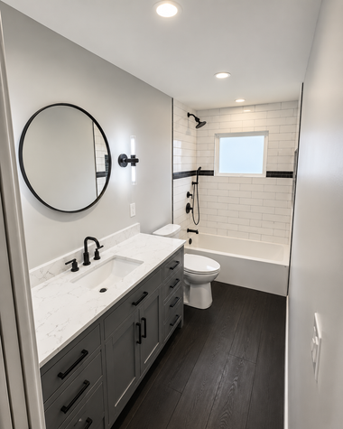 Modern bathroom with gray vanity, round mirror, black fixtures, and white tiled shower.