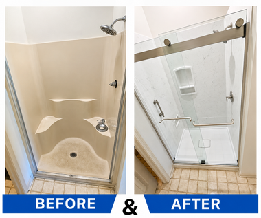 Side-by-side shower stall before and after conversion to a walk-in accessible shower with grab bars.