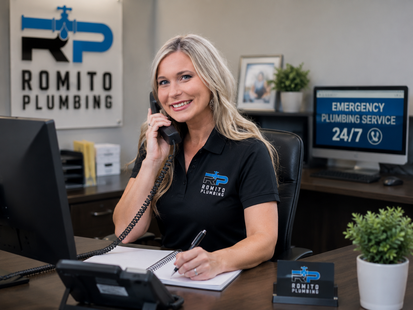 Plumbing service receptionist at desk in office with Romito Plumbing signage and 24/7 emergency sign