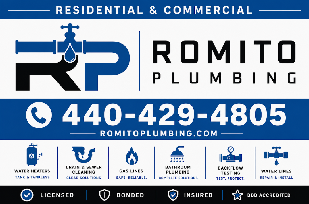 Romito Plumbing ad with logo, phone number 440-429-4805, and residential and commercial services