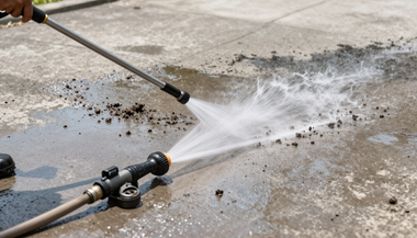 Pressure washing a driveway