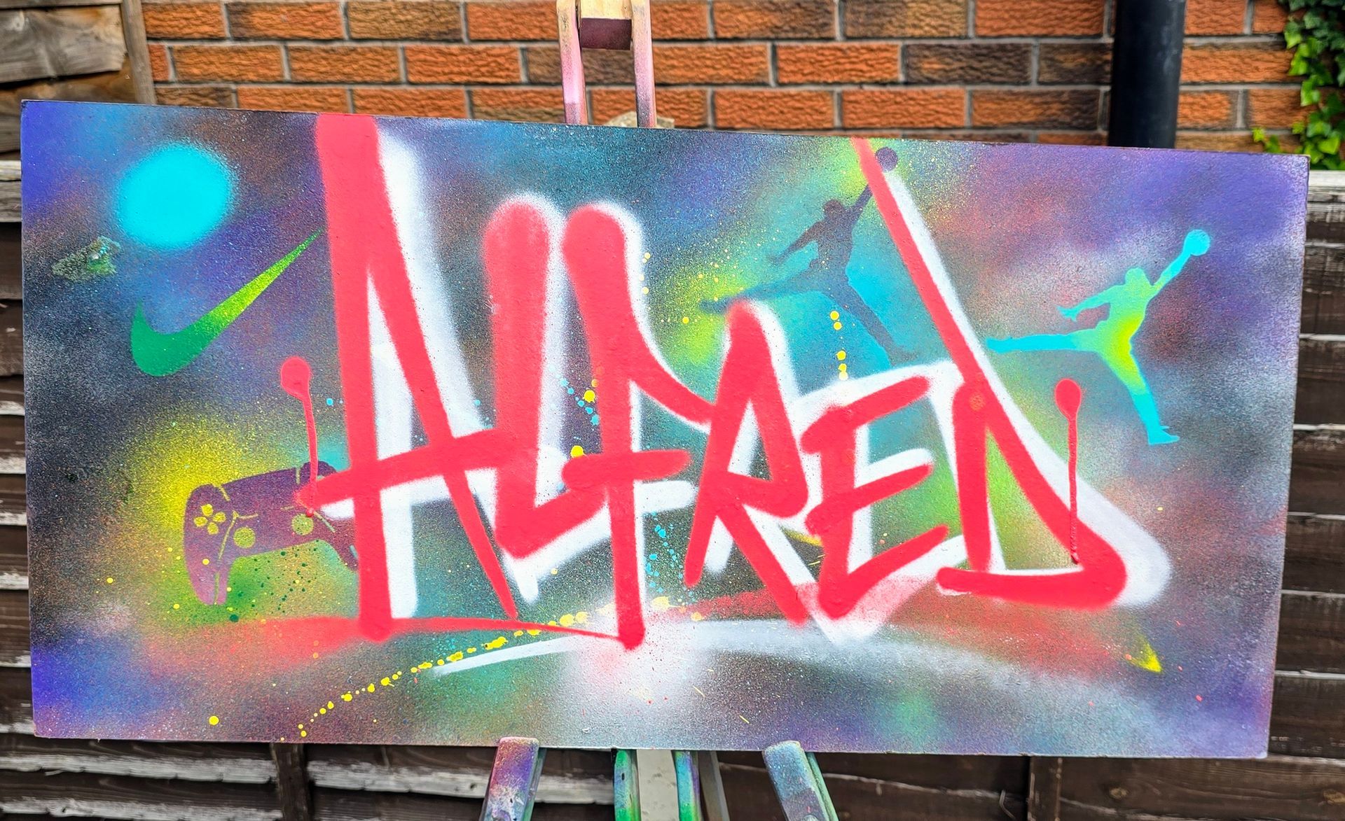 Custom graffiti mural board created for a birthday child at a Street Stars Graffiti Party, professional street art birthday experience UK.