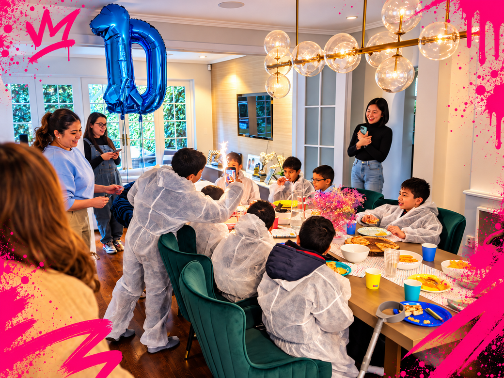 20-Minute Party Break - Children enjoying a graffiti painting party with professional artists and creative birthday activities