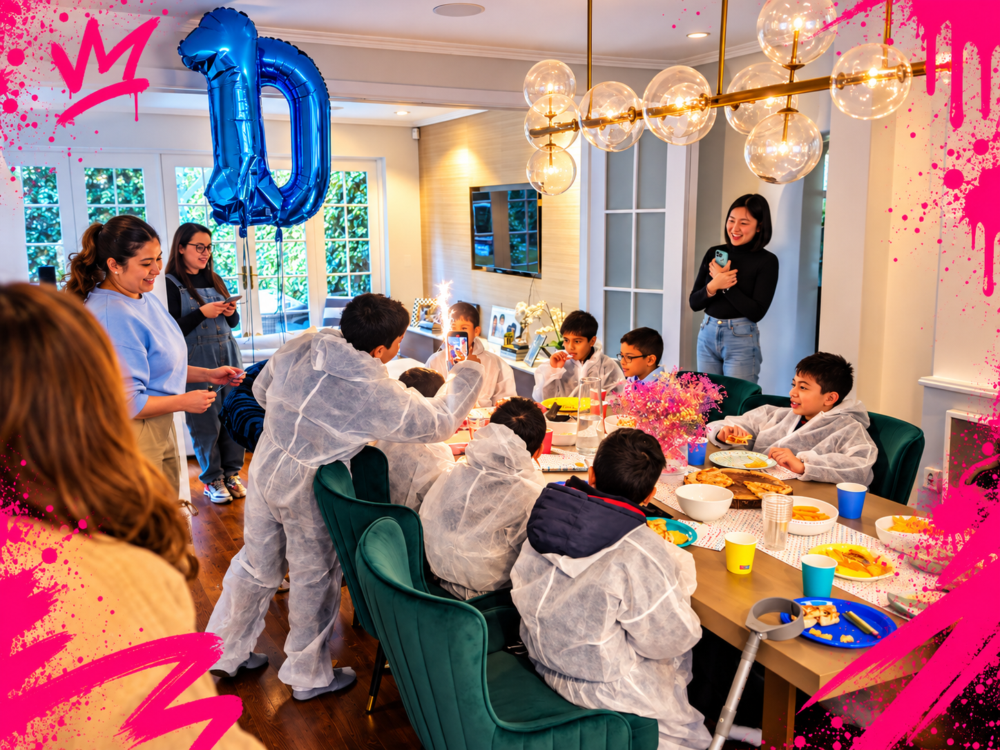 Children enjoying an outdoor graffiti party under green gazebos, spray painting colourful boards in a private garden with protective suits and a professional workshop setup.