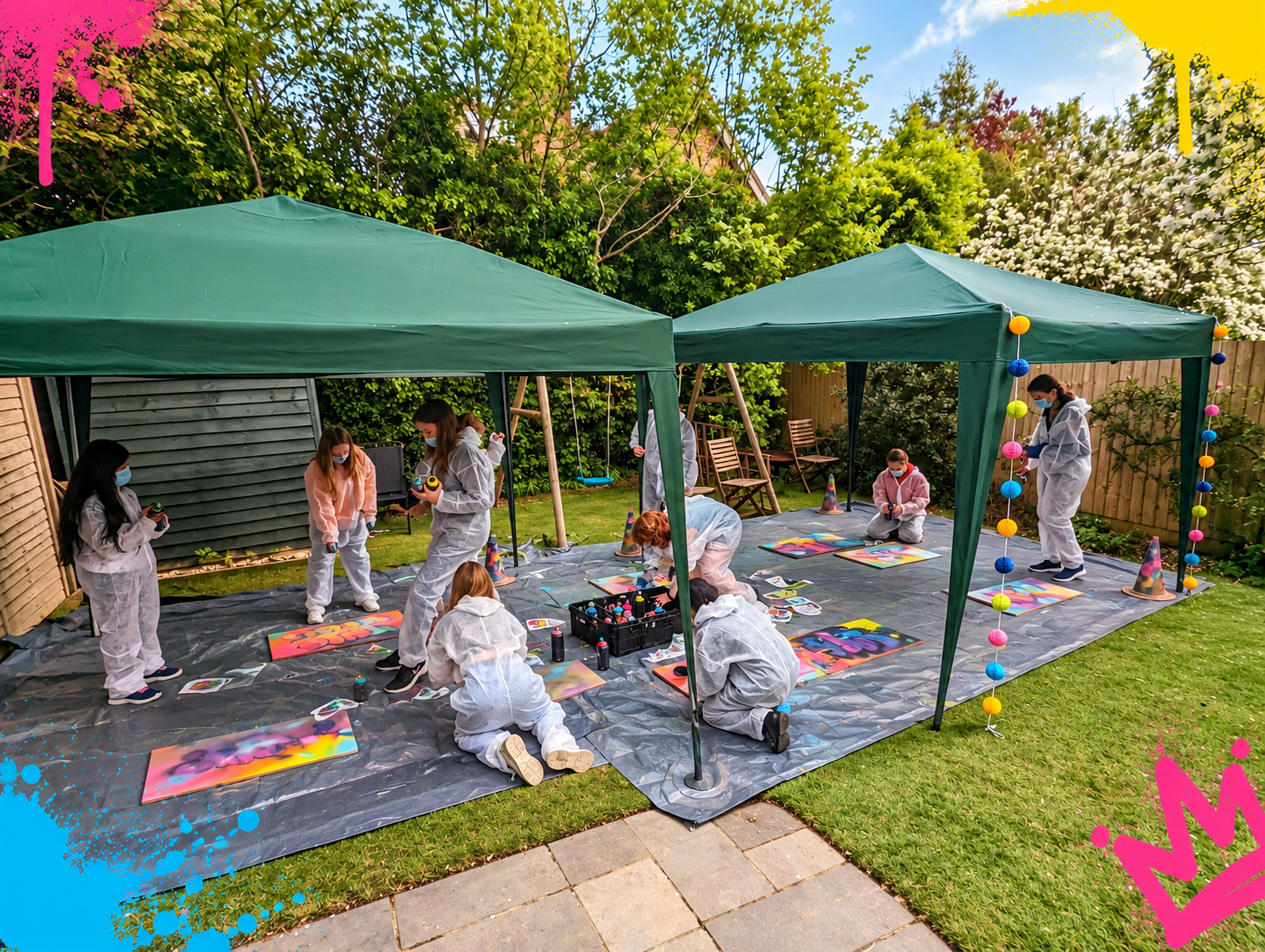 Children enjoying an outdoor graffiti party under green gazebos, spray painting colourful boards in a private garden with protective suits and a professional workshop setup.