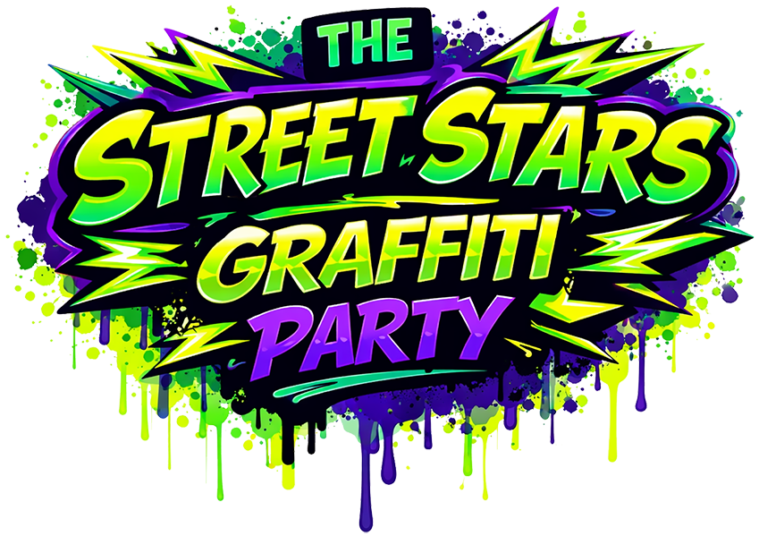 Street Stars graffiti party logo featuring bold 80s-style graffiti lettering, neon colours and paint drips, promoting professional children’s graffiti parties and street art birthday experiences in the UK.