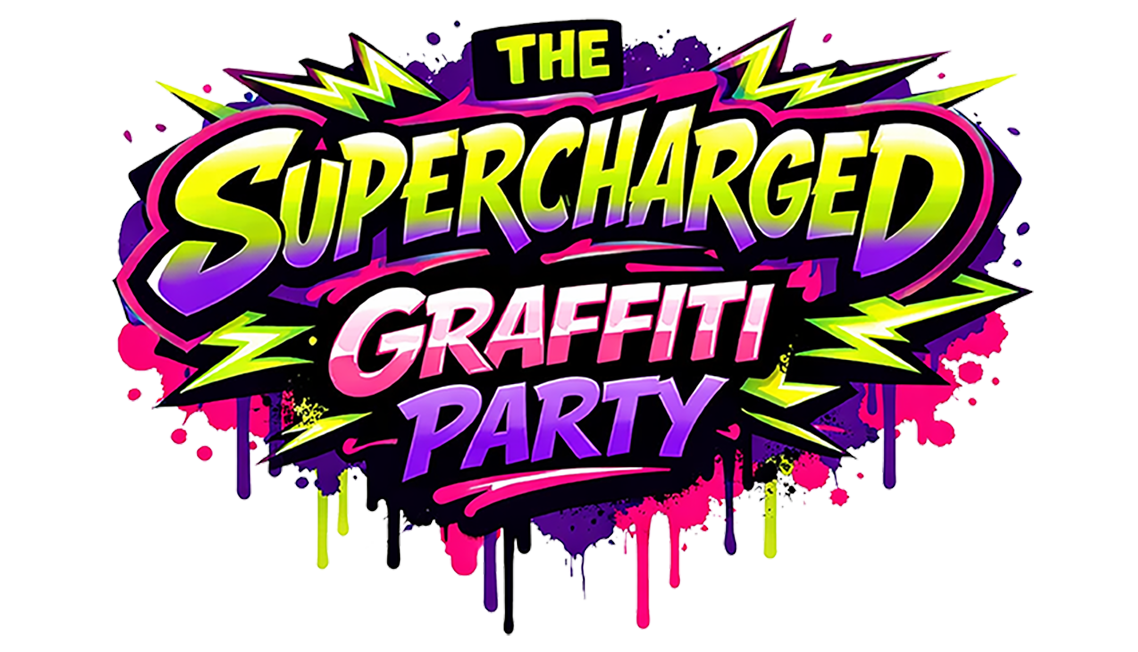 Electric graffiti-style logo for The Supercharged Graffiti Party, featuring bold neon colours, modern street art lettering, and high-energy design for children’s and teenagers graffiti art parties and 