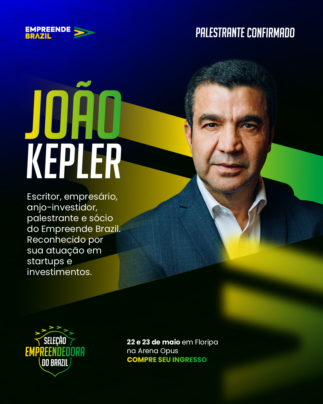Cartaz do evento de João Kepler, palestrante e investidor, apresentando seu retrato em um fundo amarelo e verde.