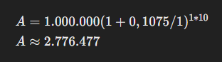 Equação para o cálculo de juros compostos. O valor inicial é de US$ 1.000.000