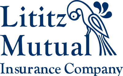 Lititz Mutual Insurance Company logo with blue text and bird illustration.