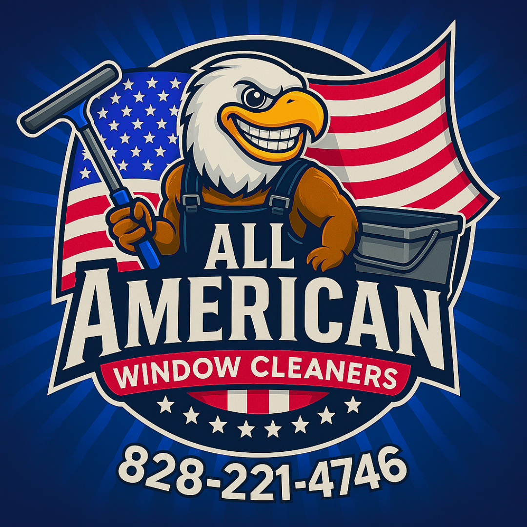 A logo for all american window cleaners with an eagle holding a squeegee.
