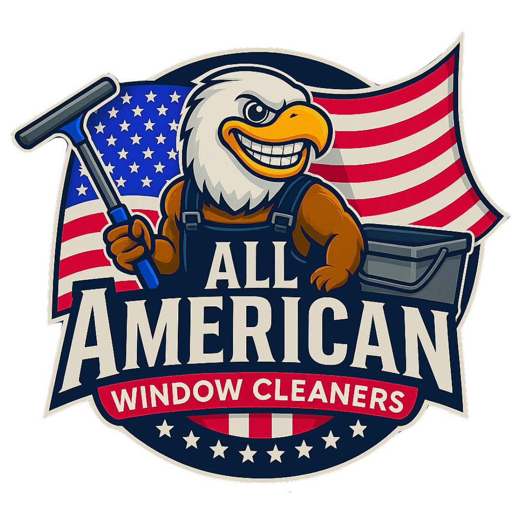 A logo for all american window cleaners with an eagle holding a squeegee.