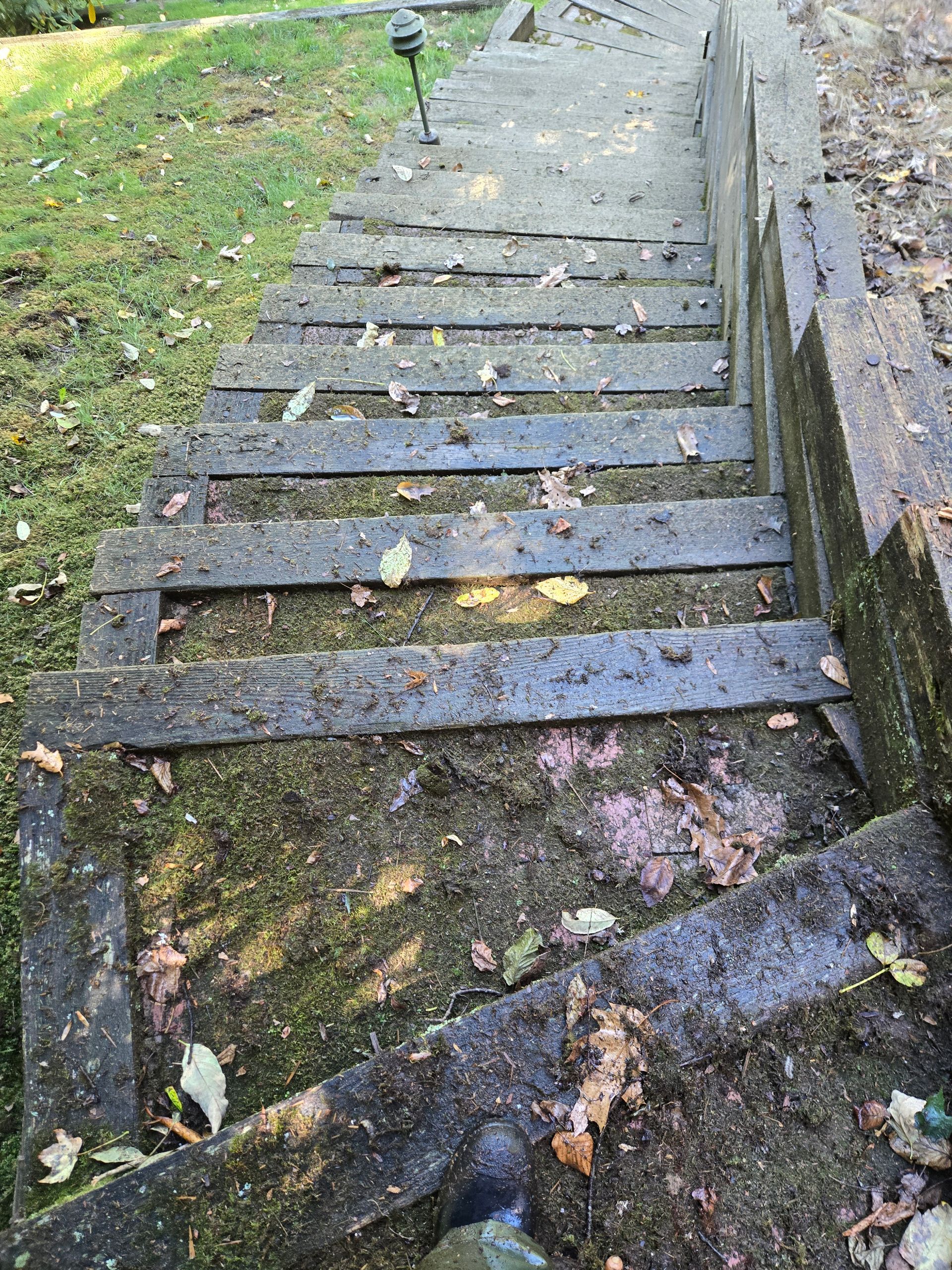 A set of stairs leading up to a grassy area.
