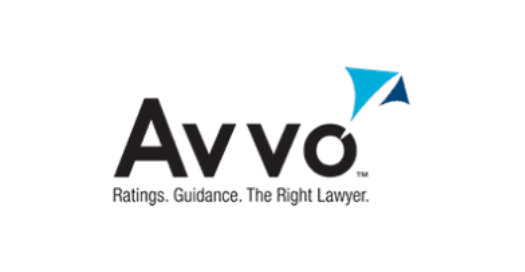 Avvo logo with black text and blue triangular mark, tagline “Ratings. Guidance. The Right Lawyer.”