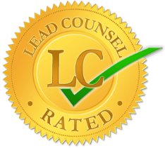 Gold “Lead Counsel Rated” seal with LC letters and green checkmark