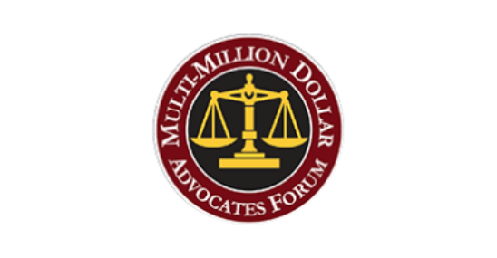 Million Dollar Advocates Forum logo with gold scales on a burgundy circular emblem