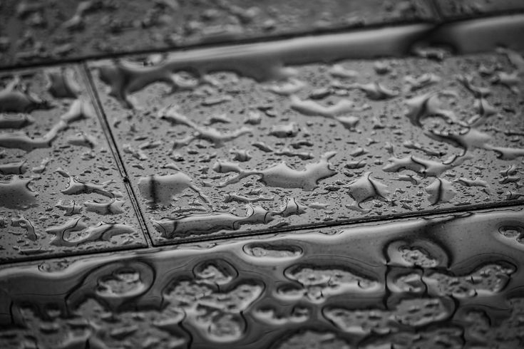 Rain droplets on a wet tiled surface with dark grout lines.