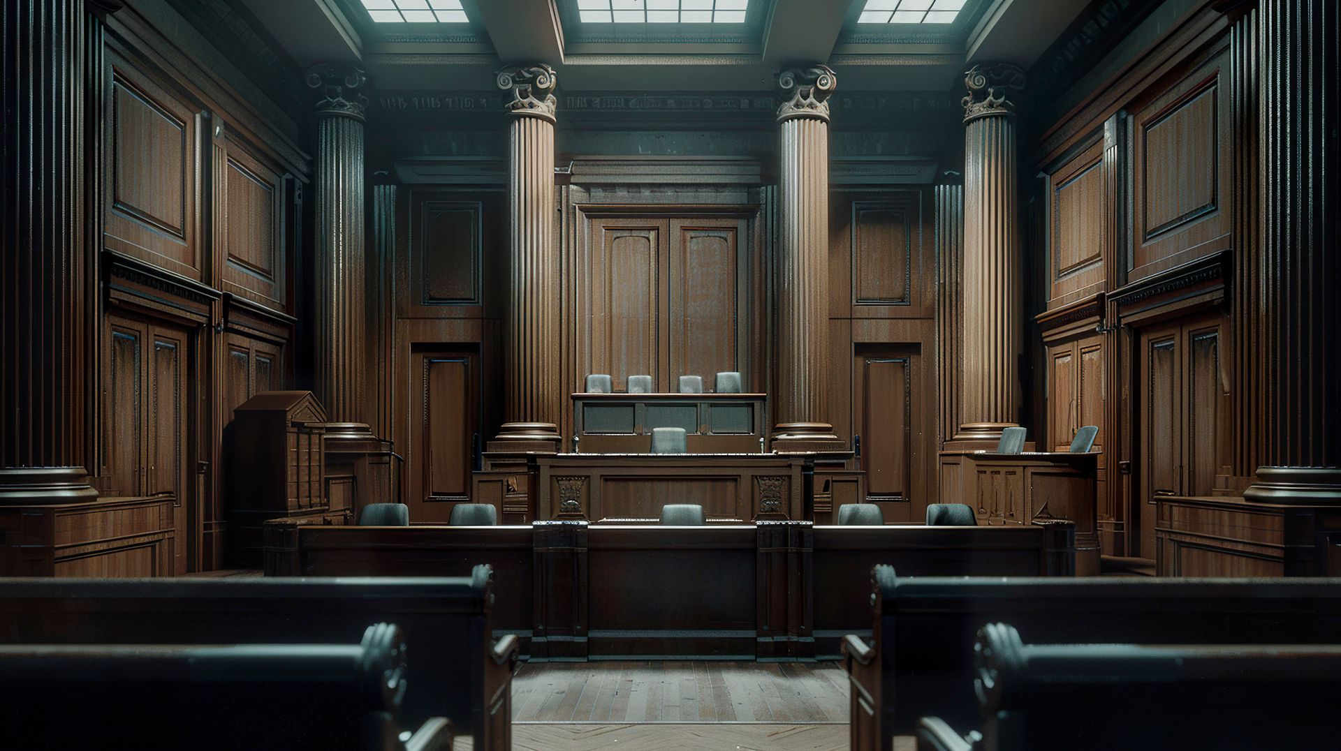 Empty wood-paneled courtroom with judge’s bench and rows of dark seating