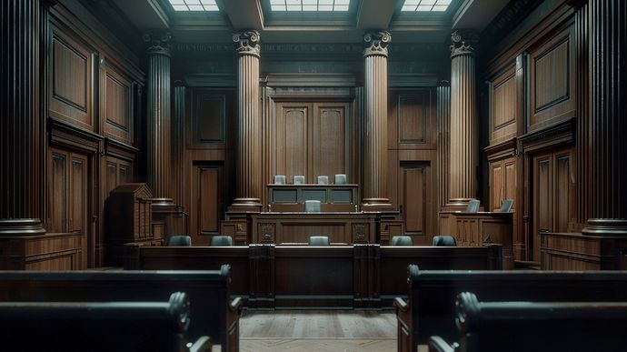 Empty wood-paneled courtroom with judge’s bench and benches, dimly lit and symmetrical