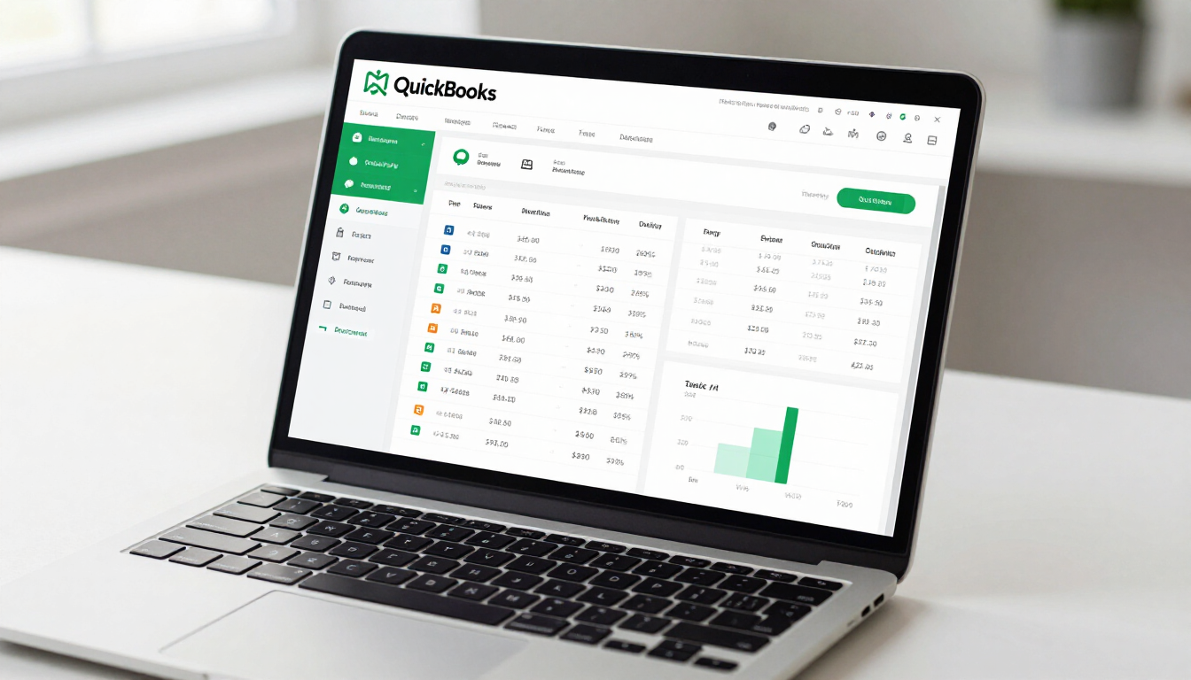 Laptop on a desk displaying a green-and-white analytics dashboard interface.