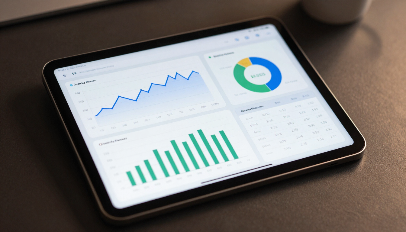 Tablet displaying analytics dashboard with line, bar, and donut charts on a desk
