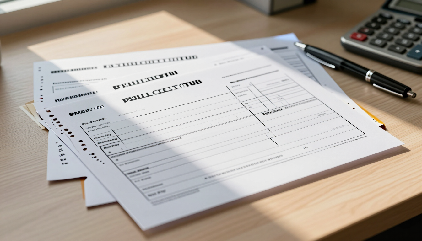 Stack of printed forms on a wooden desk beside a black pen and laptop corner