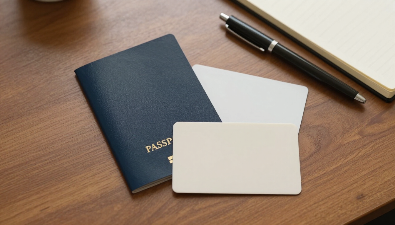 Passport, boarding pass, and two pens on a wooden desk