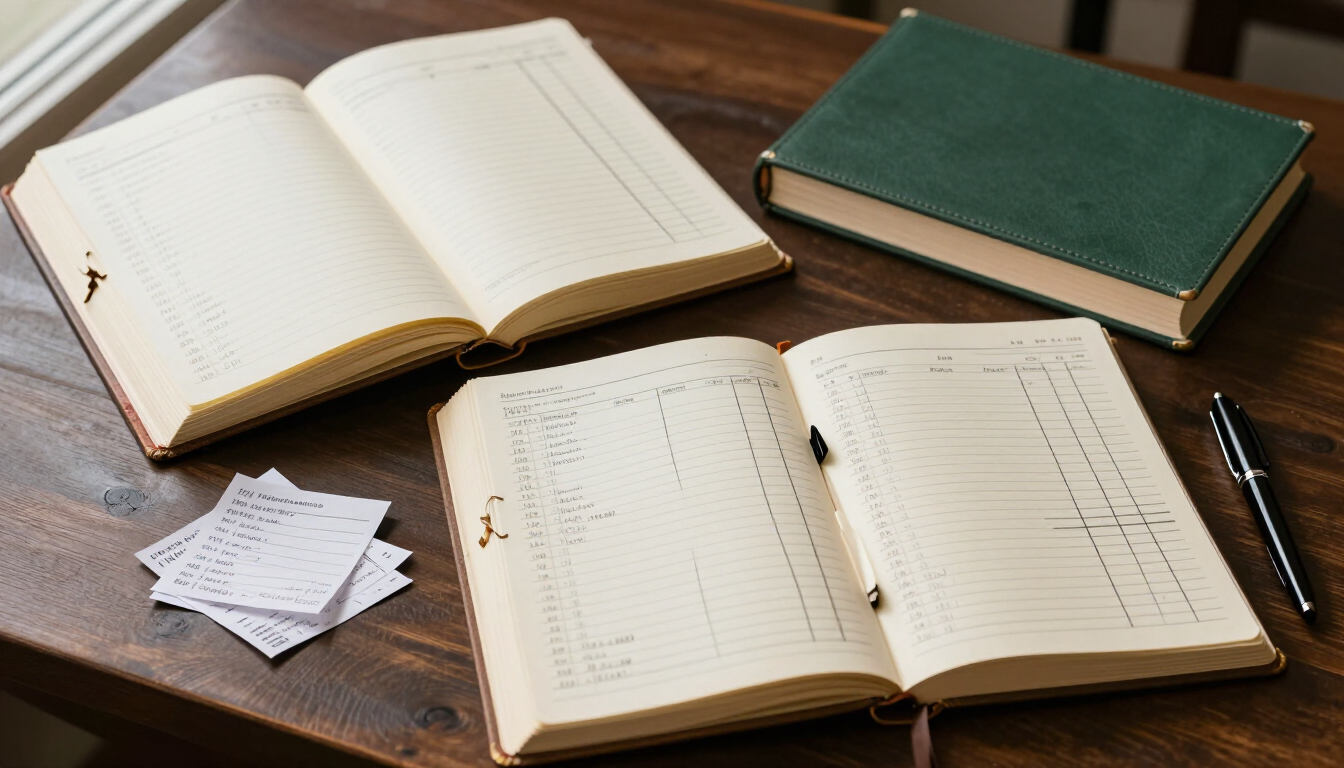 Three open books, one closed green notebook, and a pen on a wooden table.