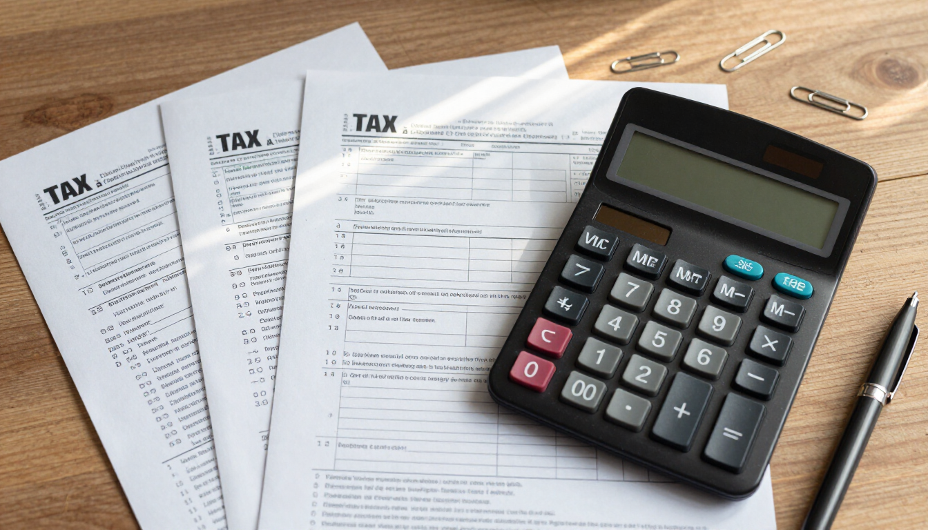 Tax forms, calculator, and pen on a wooden desk for budgeting or filing taxes