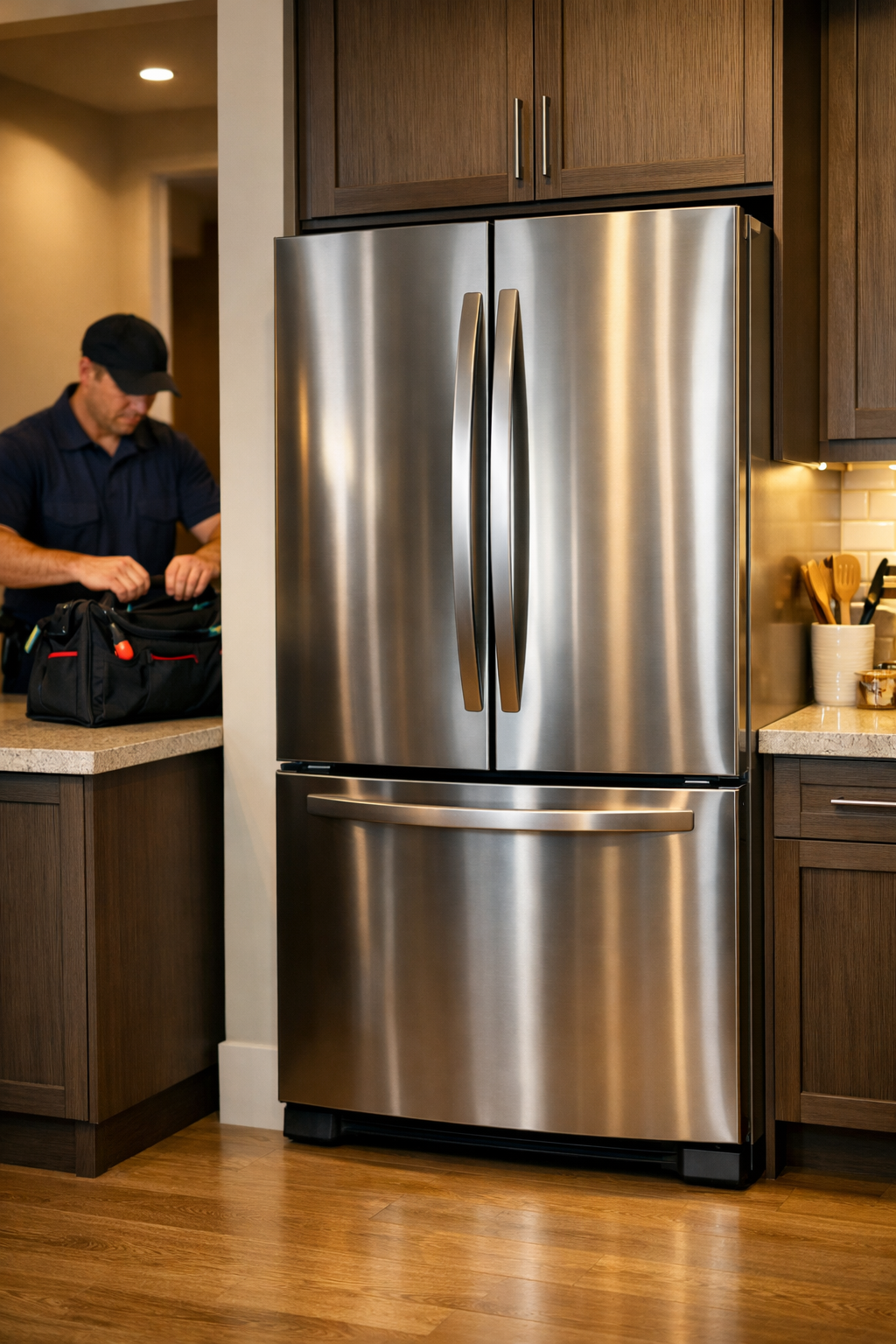 Refrigerator repairman by stainless steel fridge in a kitchen.