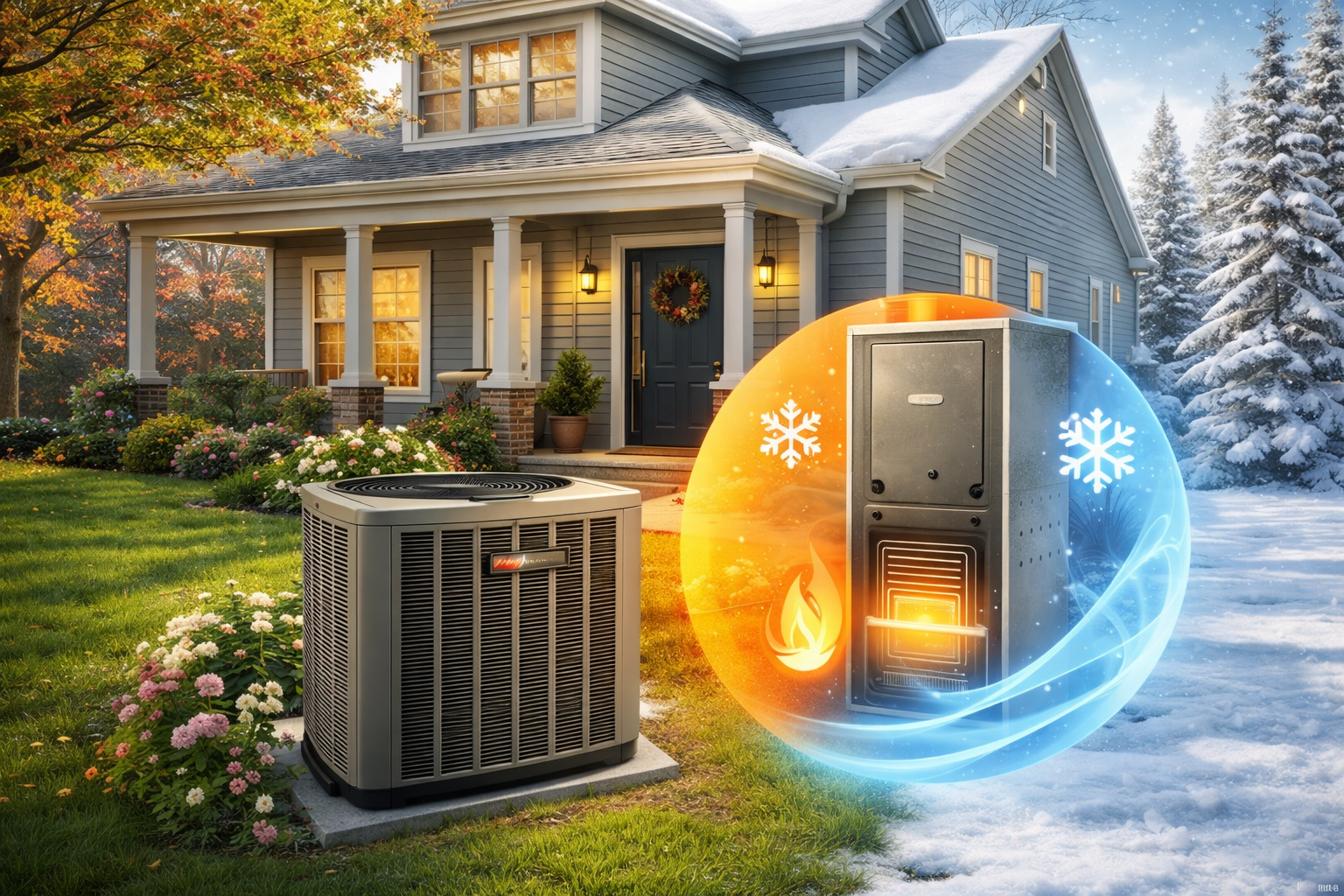 HVAC unit next to a house with an illustrated heat pump cycle showing heat and cool modes.