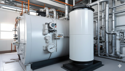 White industrial boiler and tank with pipes in a bright room.