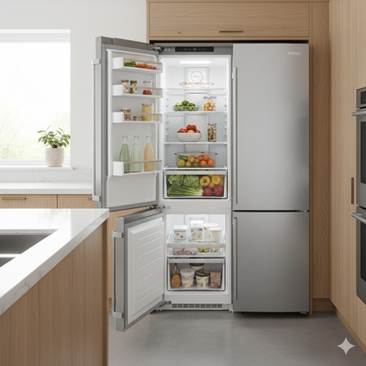 Stainless steel refrigerator with open doors displaying groceries in a modern kitchen.