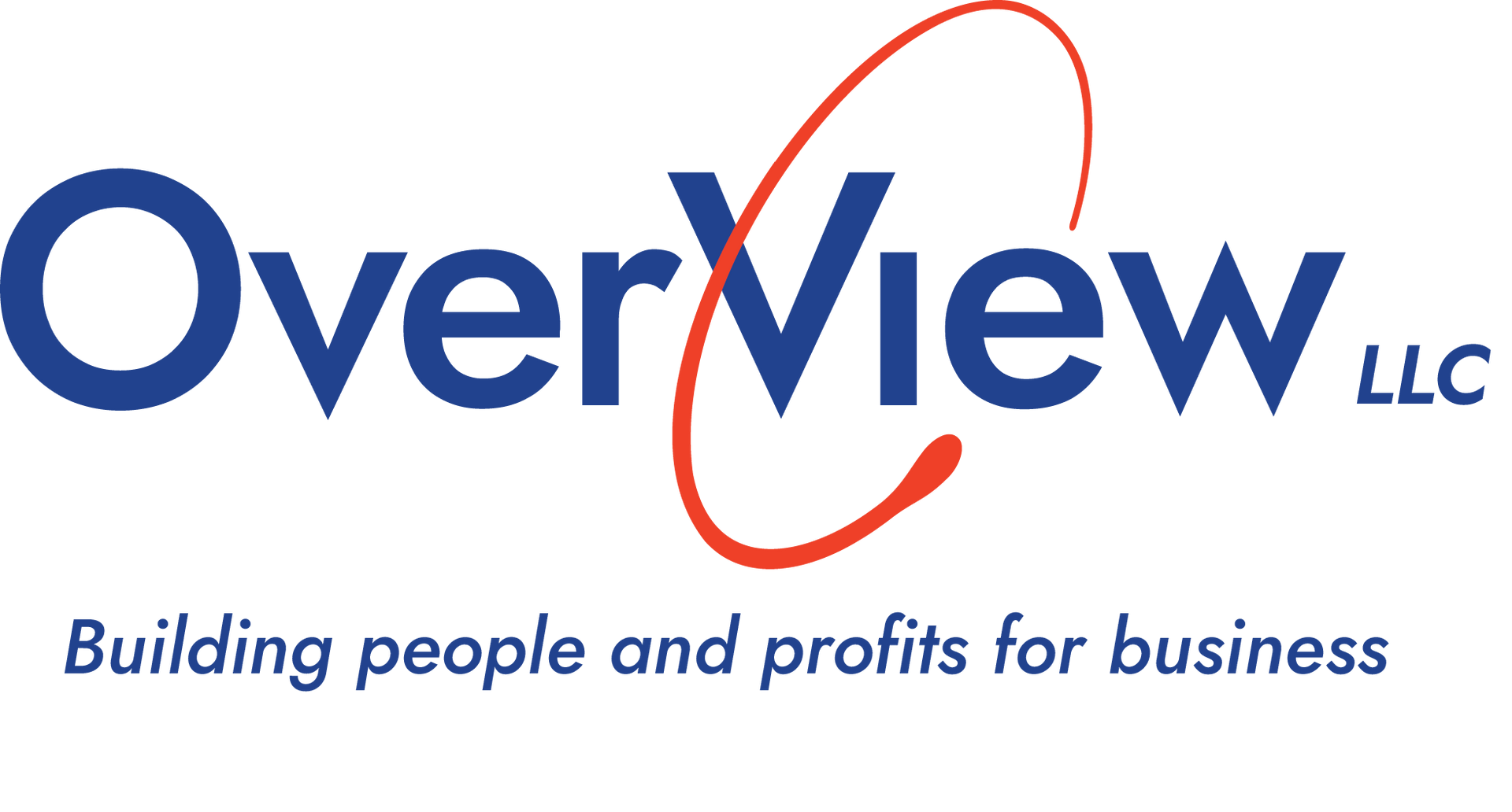 the logo for overview llc is blue and red and says building people and profits for business .