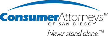 The logo for consumer attorneys of san diego is blue and white.