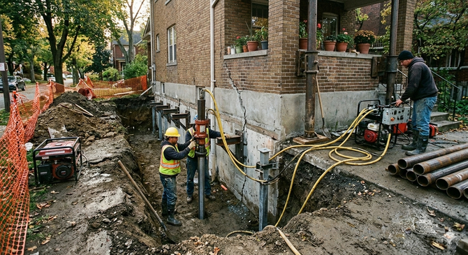 Construction crew using hydraulic piering equipment to stabilize and lift a sinking home foundation.