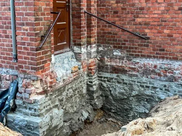 Excavated exterior foundation of a brick building showing deep structural repair work and exposed footing.