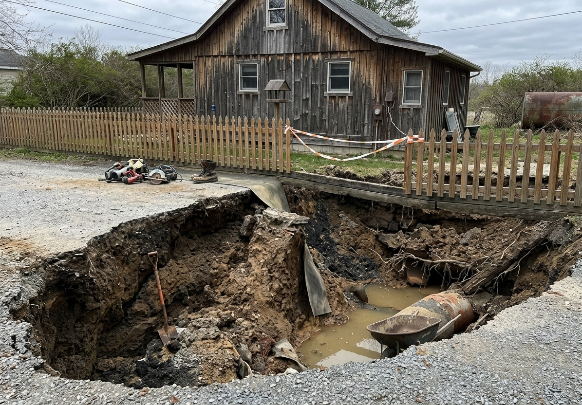 Large active sinkhole in a driveway being prepared for structural remediation near a residential wooden house.
