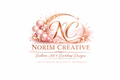 Norim Creative logo with rose-gold “NC” monogram, bubbles, and elegant wedding design text
