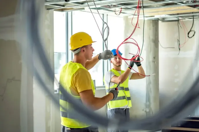 Due elettricisti con giubbotti di sicurezza e caschi lavorano sui cavi in un cantiere edile.