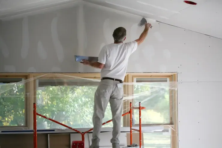 Uomo su un'impalcatura che nastra il soffitto in cartongesso. Finestre visibili.