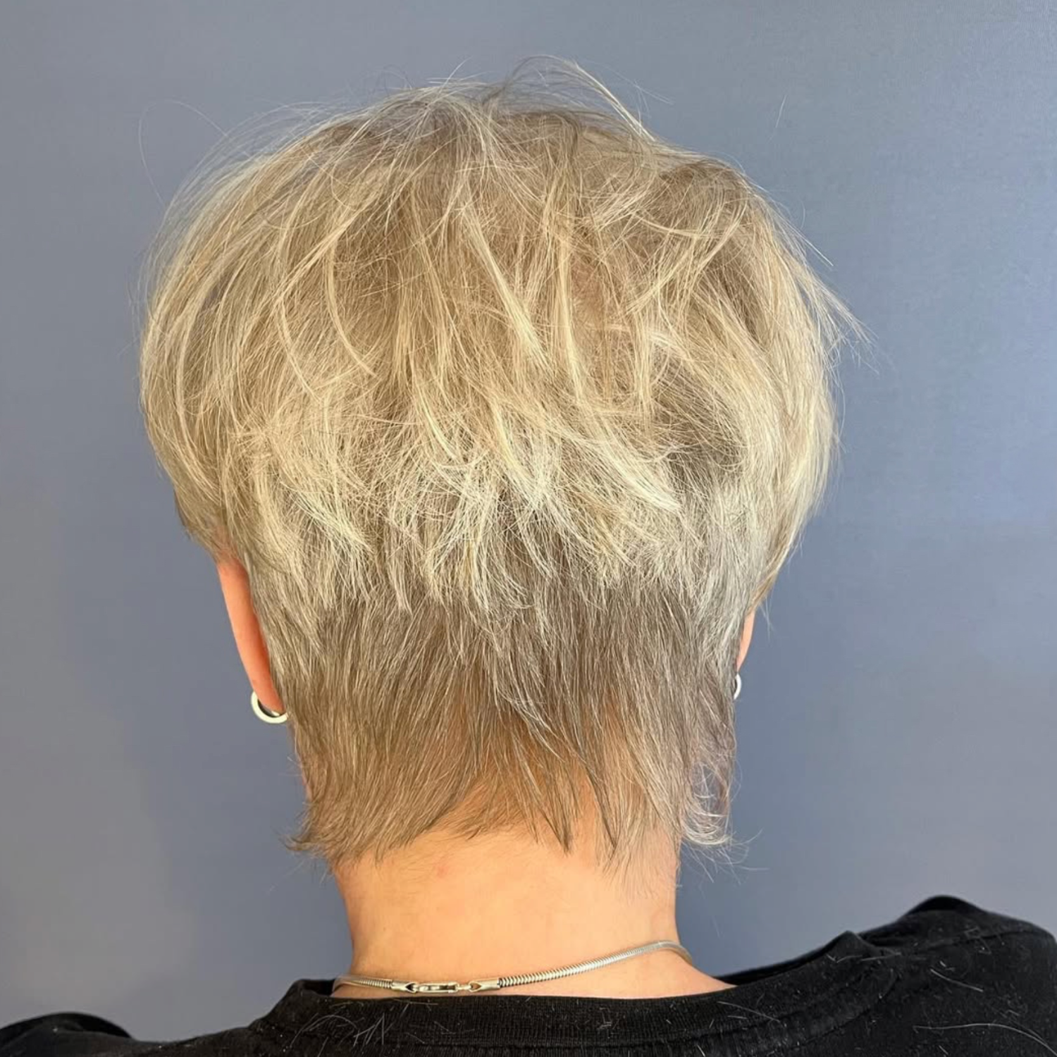 Bagfra set kort platinblondt hår mod en grå baggrund.
