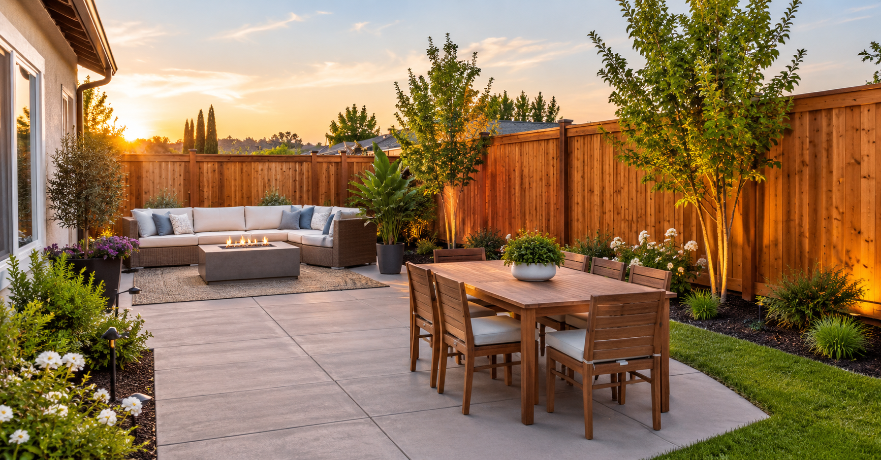A professionally installed wooden backyard privacy fence surrounding a landscaped outdoor living spa