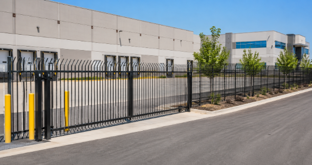 Commercial security fence installed around a warehouse and office property in Fresno, CA with durabl