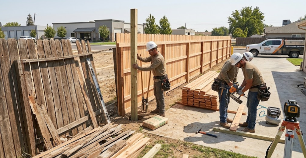 Old damaged wooden fence being replaced with a new durable fence by professional fence installers in